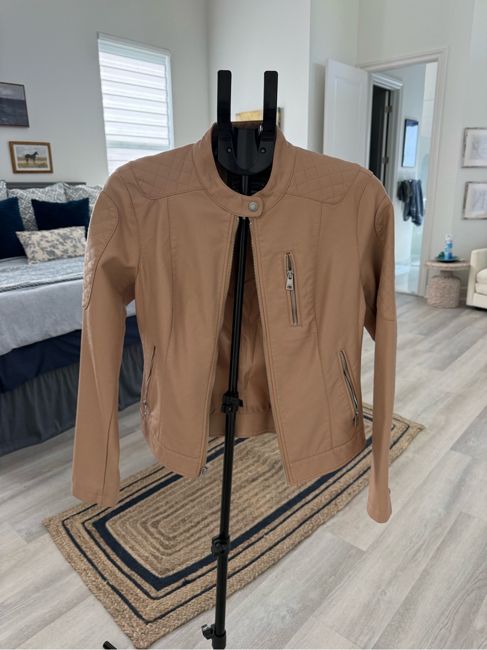 Women’s Tan Faux Leather Bomber Jacket with Quilted Shoulders